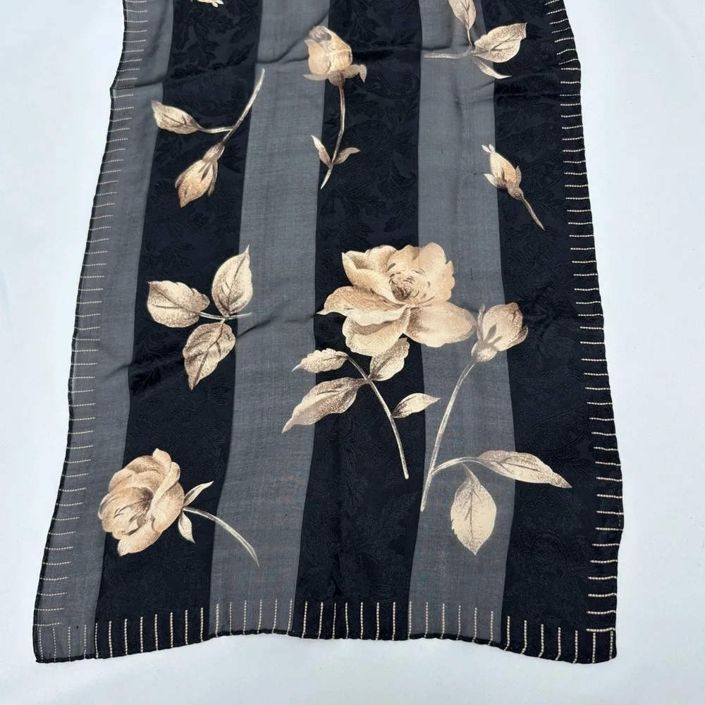 Vintage 100% Silk Black and Tan Floral Scarf